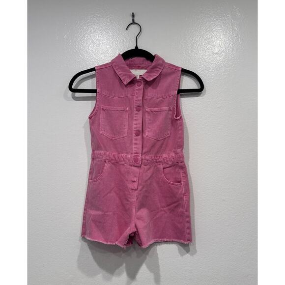 Zara Pink Denim Romper Girls Size 6 Years Frayed Hem Button Front Pockets Boho - Picture 1 of 6